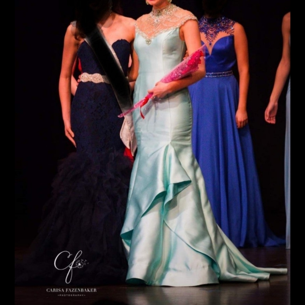 Mint green beaded high neck evening gown